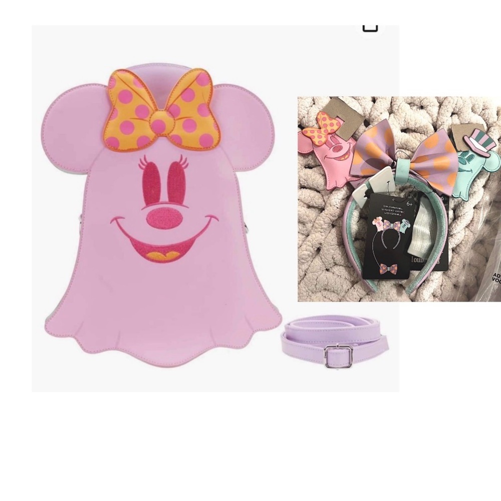 Ears+Crossbody⭐️Loungefly Ghost Minnie Mickey Double Sided Pastel NWT BUNDLE